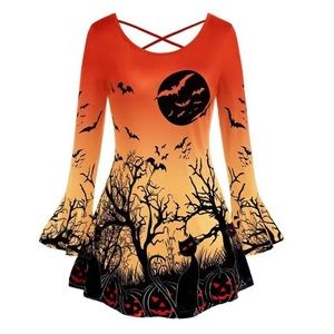 Rosegal Halloween Spooky Vibes Pumpkin Cat Graphic Bell Sleeve Cross Back Top